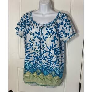 Keren Hart White Floral Embroidered Smocked Boho/Peasant Top Sz M